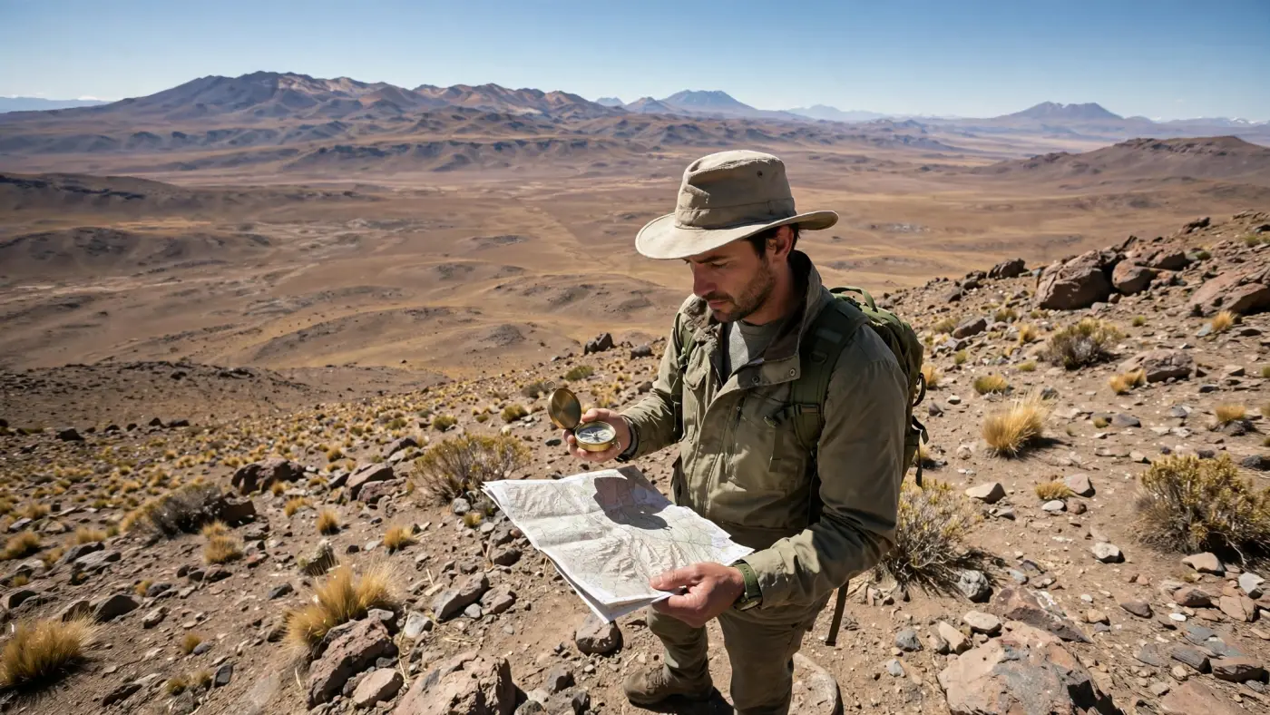 Geólogo con brújula y mapa en la Puna salteña, Argentina