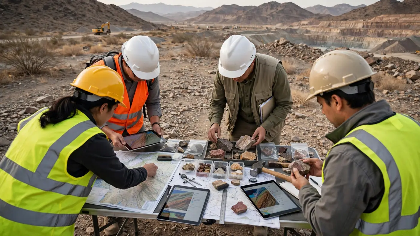 Equipo de trabajo planificando con tabletas y mapas en terreno minero
