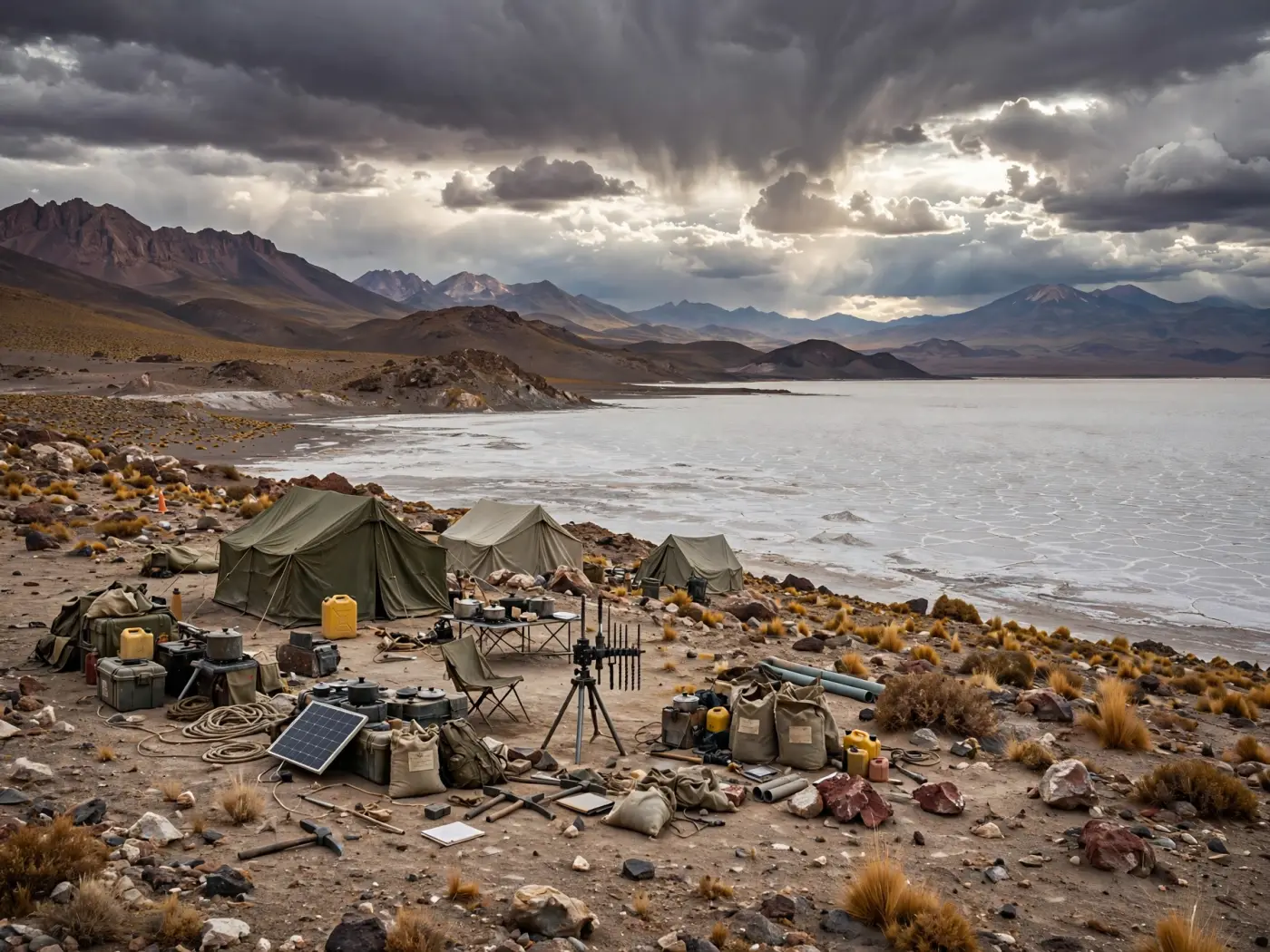 Paisaje de Tolar Grande con campamento de exploración minera en Salta