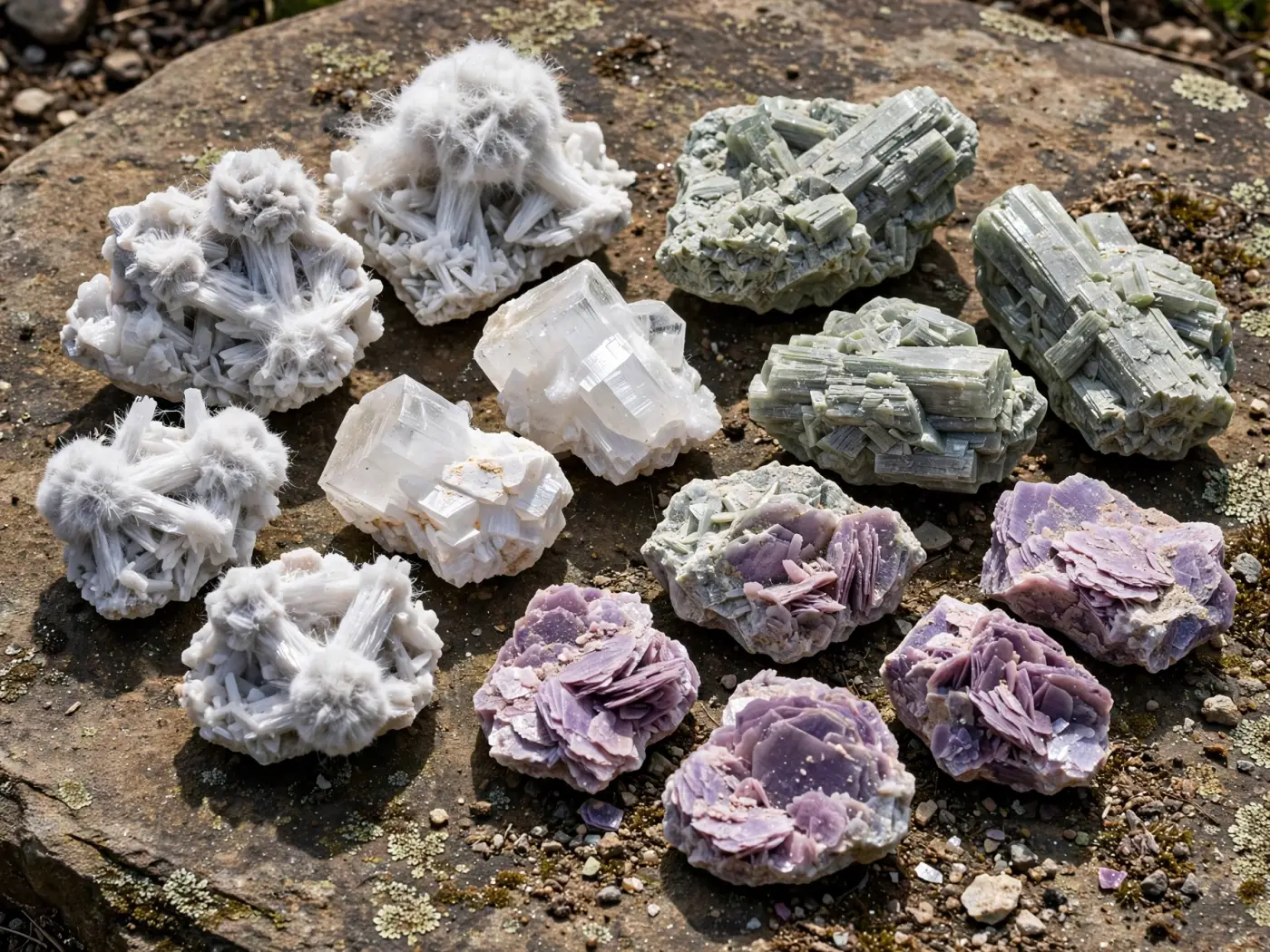Muestras de minerales de borato y litio sobre roca