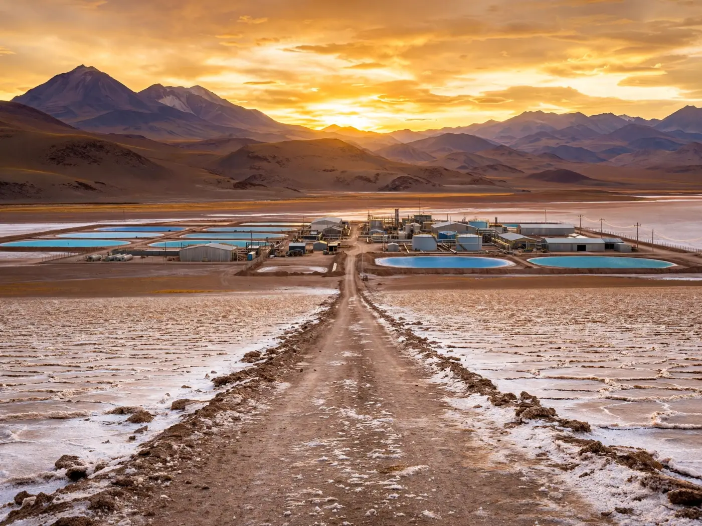 Camino en salar hacia planta de litio al atardecer en la Puna argentina