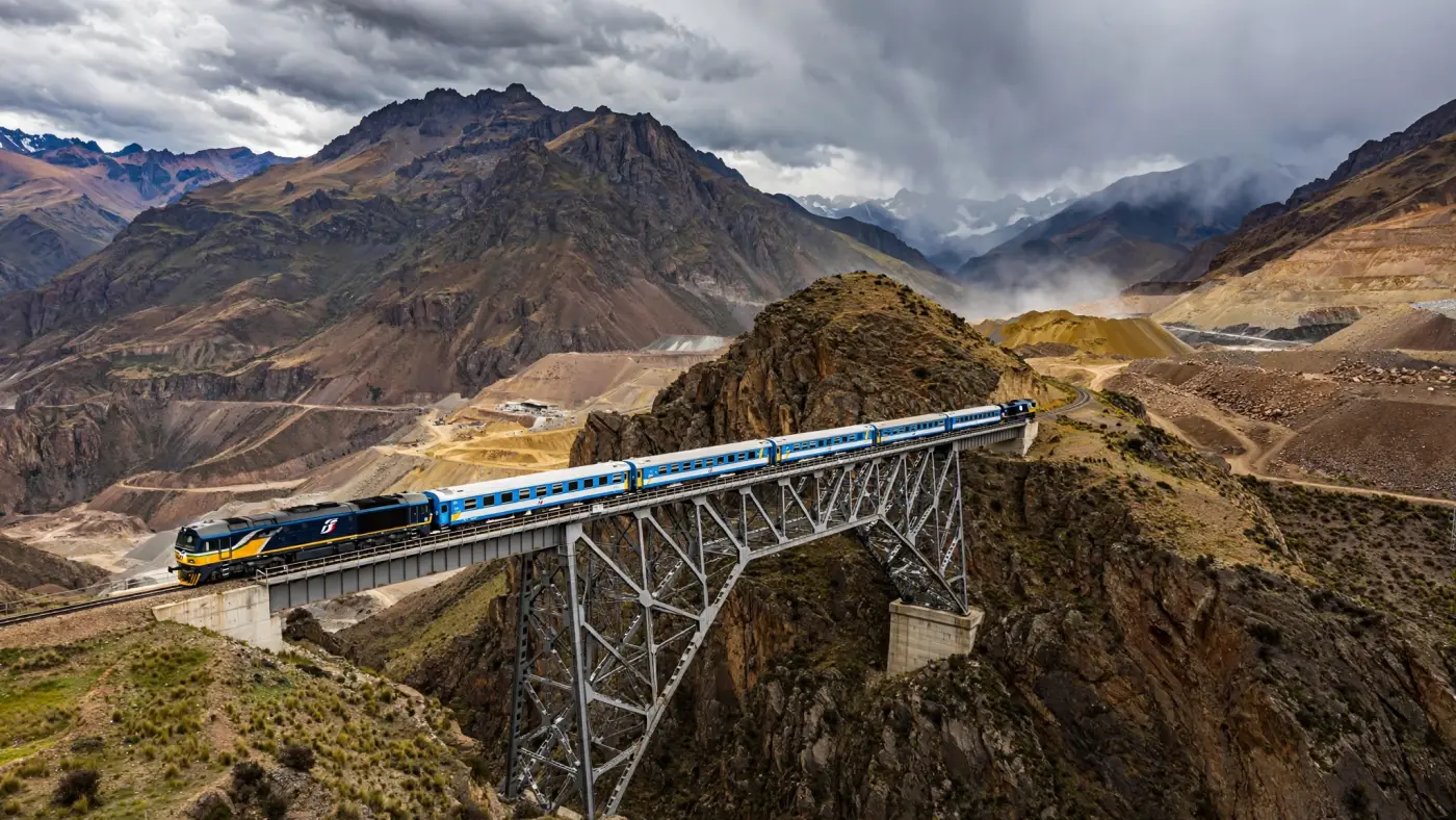 Tren a las Nubes cruzando un viaducto en las montañas cerca de áreas mineras de Salta